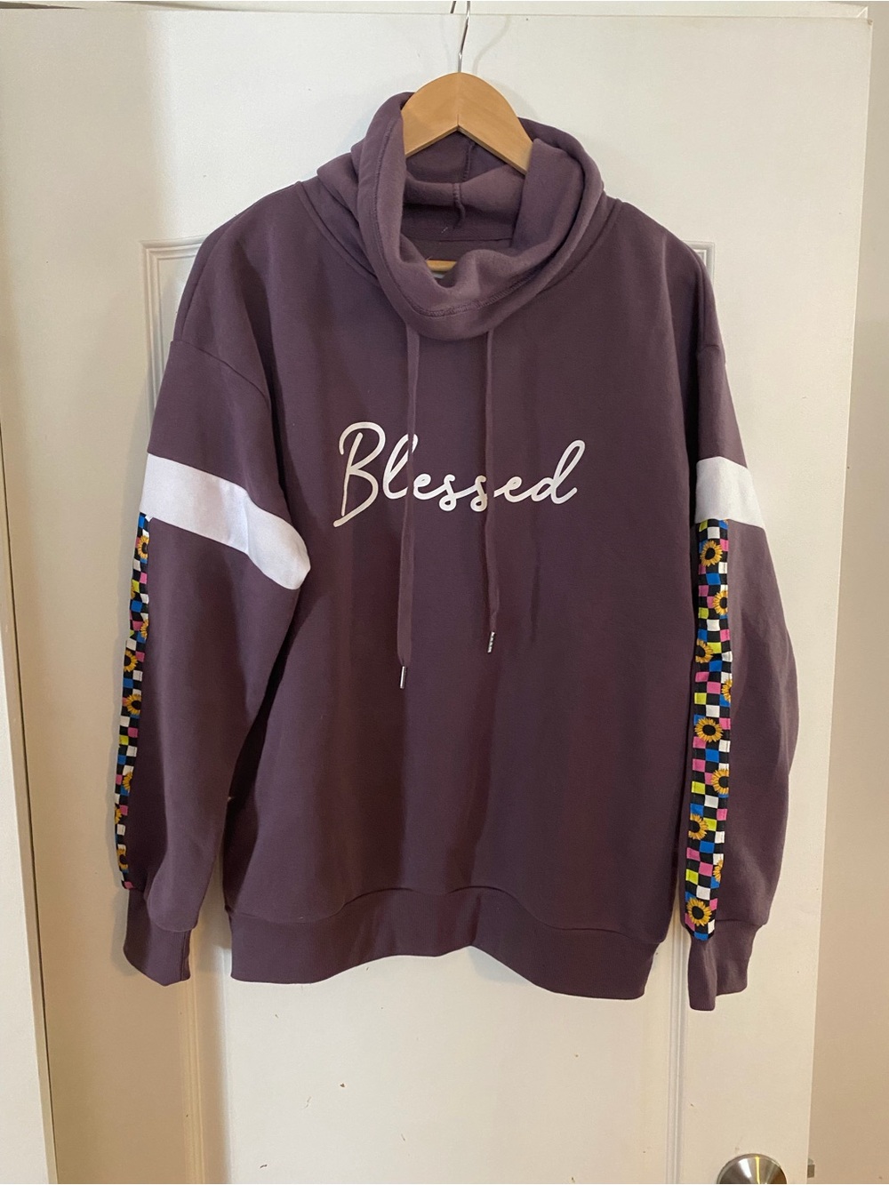 Blessed Script Funnel Neck Hoodie in Dusty Plum